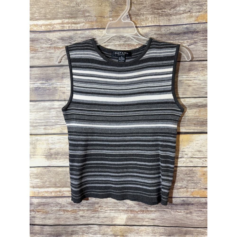 Rafael Sport Grey Striped Ribbed Knit Sleeveless Sweater Tank Top Medium Y2K 90s